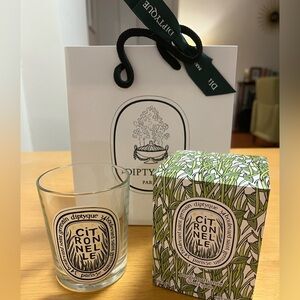 Empty Diptyque Citronelle Candle Jar with box and shopping bag
